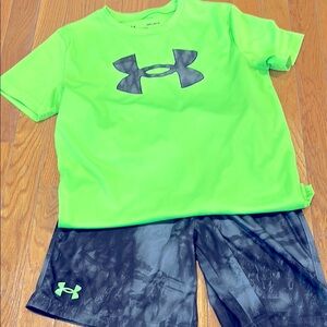 Under Armour Neon Green T-Shirt and Black and Gray Shorts Set